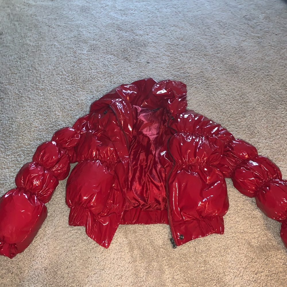 Red puffer jacket